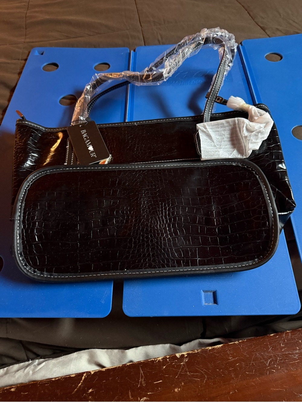 Black Croc-Embossed Shoulder Bag with Front Panel by